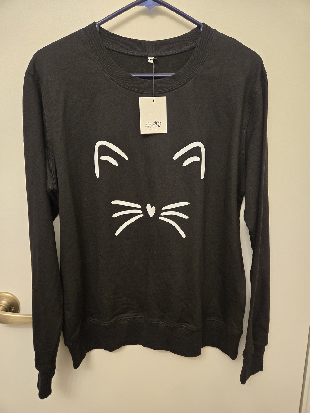Women's Black Crewneck Sweatshirt with White Cat Face -